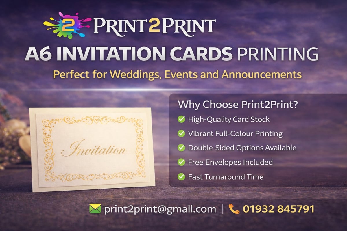 Print2Print A6 invitation cards printing service advertisement with gold-bordered sample card and benefits list for weddings and events