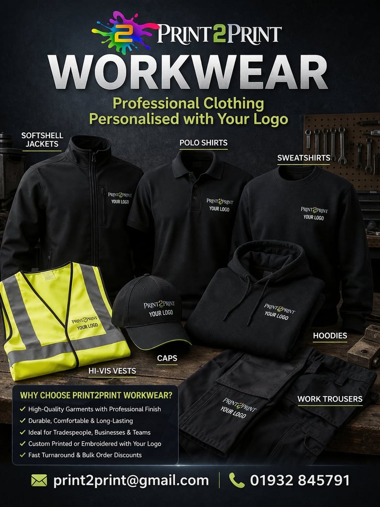 Print2Print workwear product catalog showing customizable professional clothing including jackets, polo shirts, hoodies, vests, caps and trousers with logos