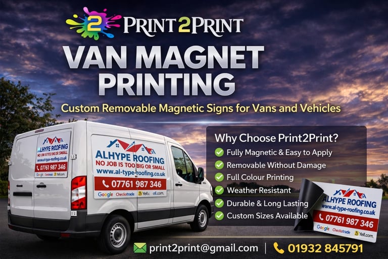 Print2Print van magnet printing advertisement showing white delivery van with magnetic signage and service details with contact information