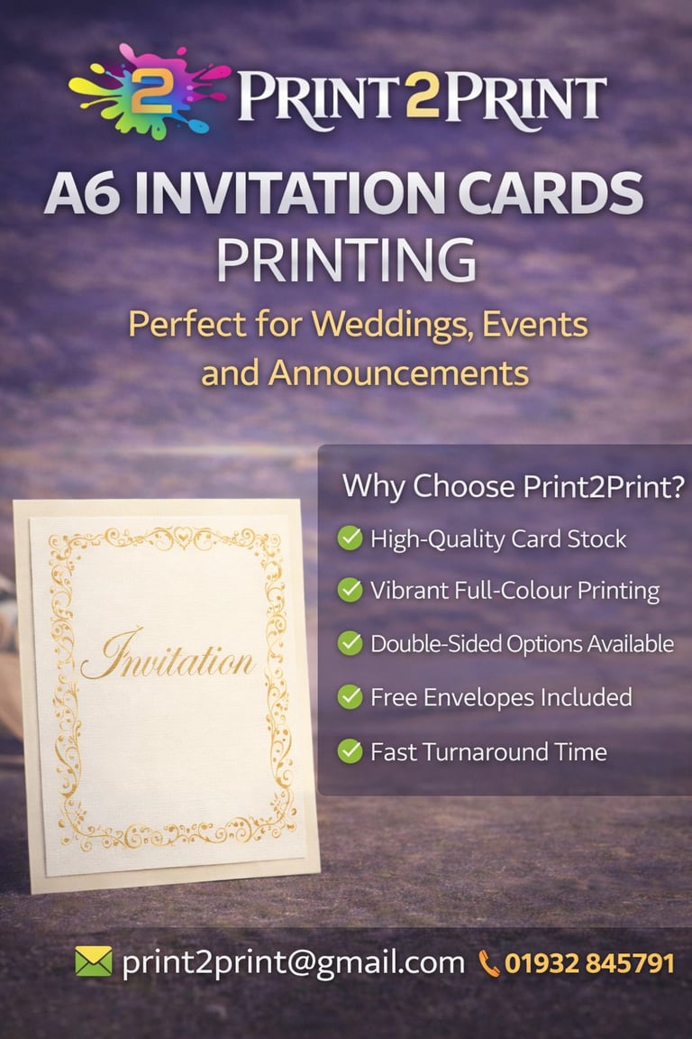 Print2Print A6 invitation card printing service promotional poster featuring a gold-bordered invitation card sample with contact details and service benefits.