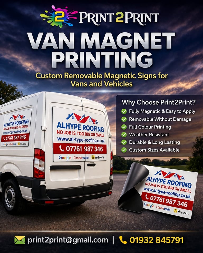 Print2Print van magnet printing advertisement featuring white van with Alhype Roofing magnetic signs and product samples displayed outdoors