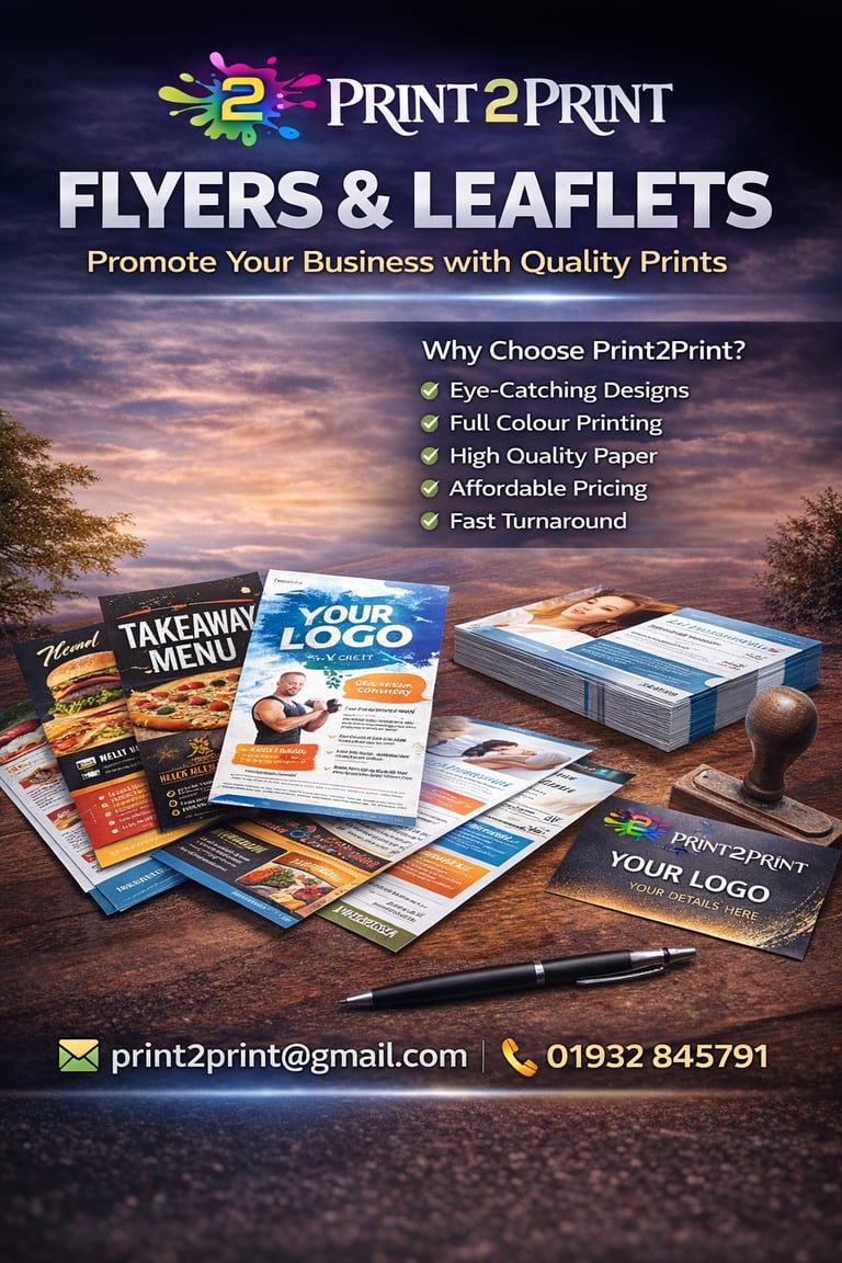 Print2Print flyers and leaflets promotional poster displaying colorful printed materials with business benefits and contact information