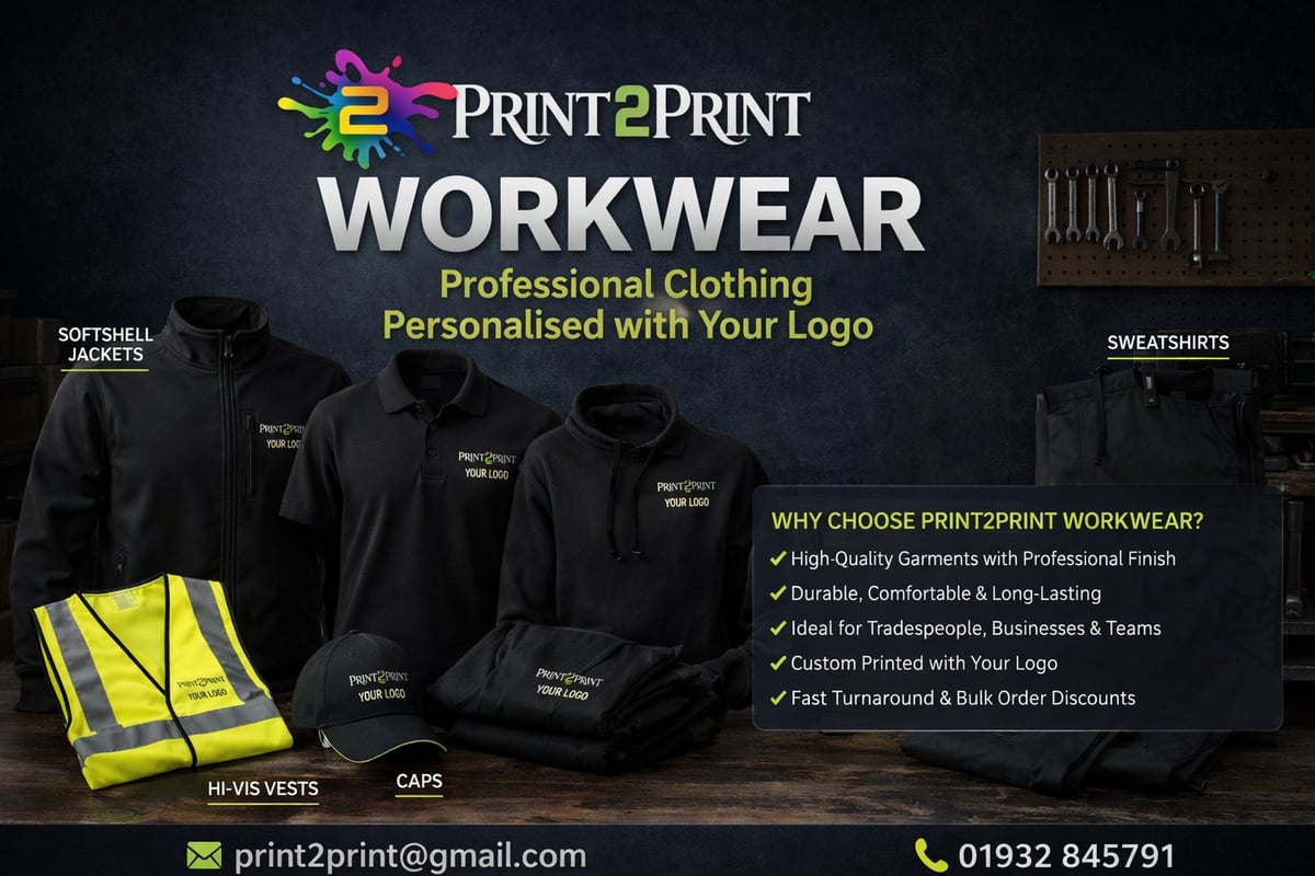 Print2Print workwear product display featuring black jackets, sweatshirts, safety vests, caps, and personalized clothing options with company logo branding
