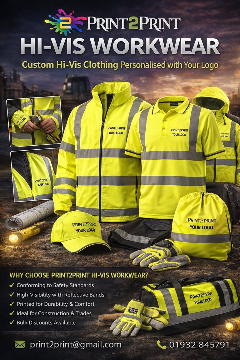 Print2Print hi-vis workwear collection featuring yellow safety jackets, vests, gloves and accessories with reflective bands displayed on construction site background