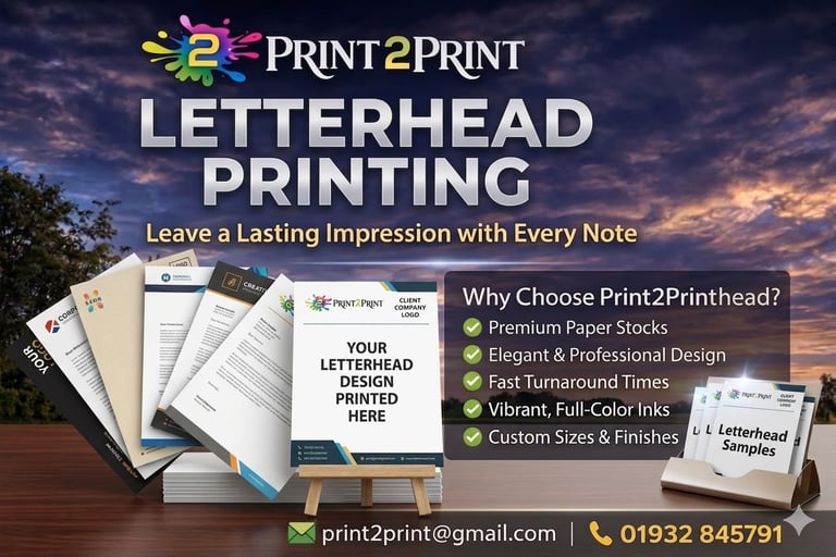 Print2Print letterhead printing advertisement showcasing custom printed letterhead samples with premium paper options and contact details