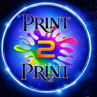 Colorful neon circular logo for Print2Print with vibrant splashing design and glowing blue border