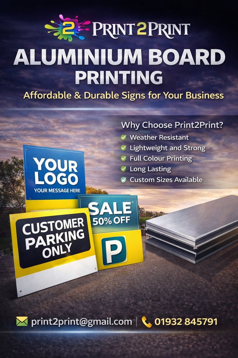 Print2Print aluminium board printing service advertisement displaying sample signage with features like weather resistance and durability