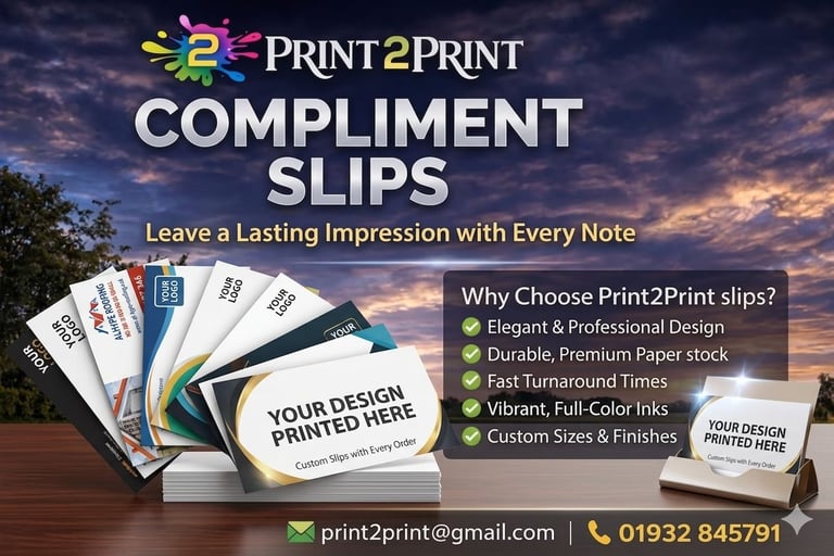 Print2Print compliment slips promotional image showcasing product samples and features with company contact information