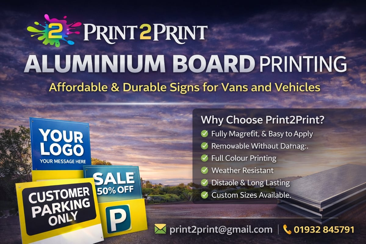 Print2Print aluminium board printing service advertisement showing a customer parking sign and listing benefits like durability, weather resistance, and custom sizes