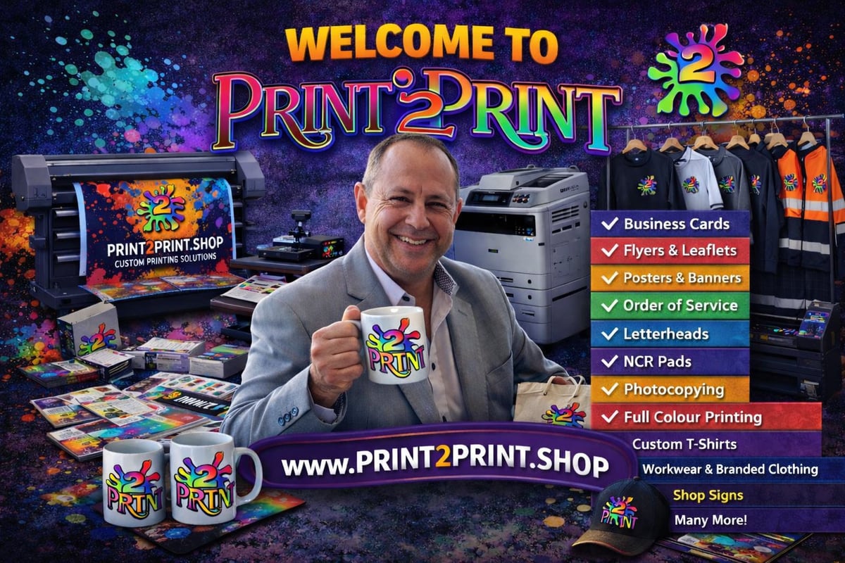 Man holding Print2Print branded mug in front of printing equipment with business services checklist and website www.PRINT2PRINT.SHOP