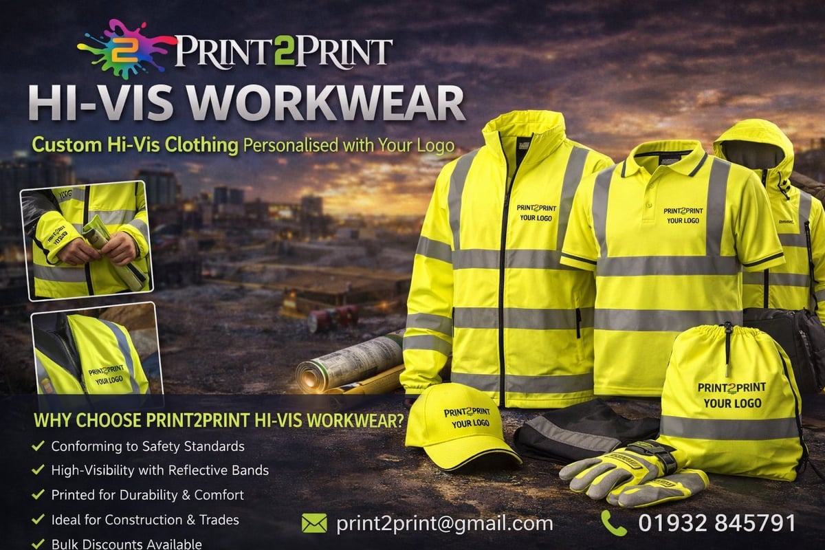 Print2Print hi-visibility workwear advertisement showing custom yellow safety clothing with reflective stripes and logo placement options