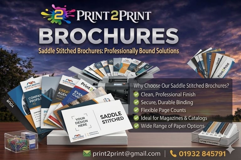 Print2Print saddle stitched brochures promotional display showing product samples, binding features, and contact information against a sunset landscape background