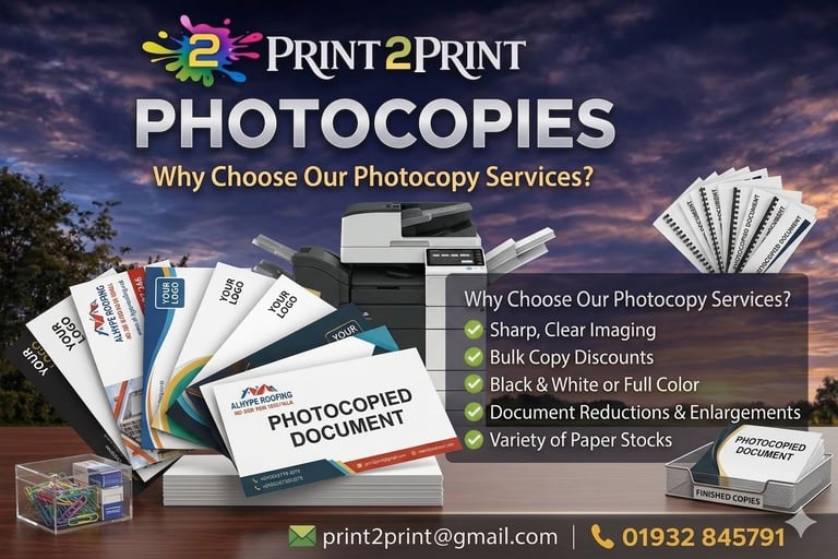 Print2Print photocopies services promotional banner featuring office equipment, paper samples, and benefits list with contact information