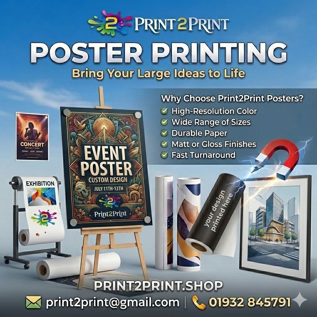 Print2Print poster printing service advertisement showcasing custom posters with high-resolution color, durable paper, and fast turnaround options