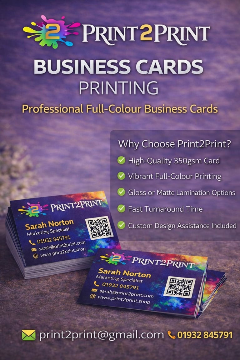 Print2Print business cards printing advertisement showing colorful full-color cards with sample design and service benefits