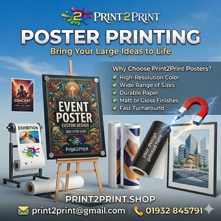 Print2Print poster printing service advertisement showcasing custom posters, framed prints, and printing equipment with contact information